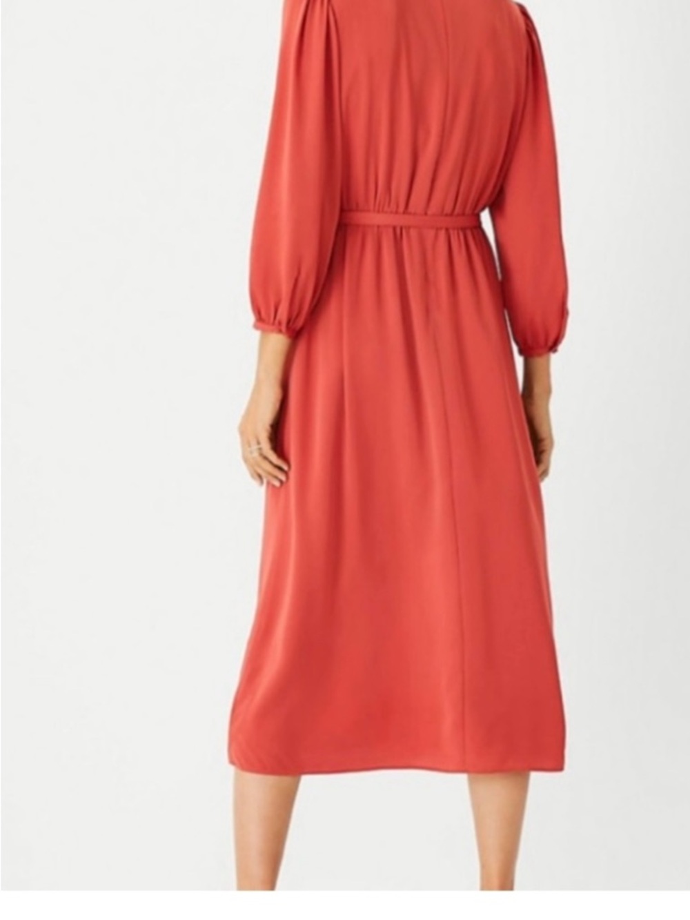 Ann Taylor Rust Red Long-Sleeve Midi Dress with Waist Tie - Picture 2 of 9